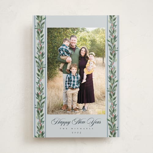 This is a winter sky new year photo cards with standard by Rebecca Durflinger called evergreen garlands printing on recycled smooth signature in standard