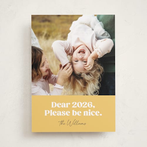 This is a sunshine new year photo cards with standard by Robert and Stella called pretty please printing on recycled smooth signature in standard