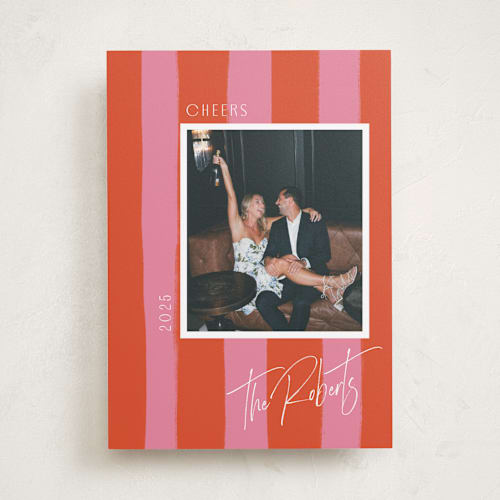 This is a blood orange new year photo cards with standard by Cindy Reynolds called painted stripes printing on recycled smooth signature in standard