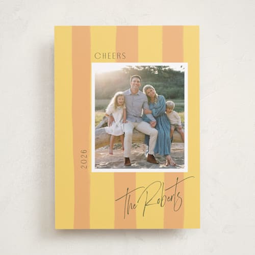 This is a peach new year photo cards with standard by Cindy Reynolds called painted stripes printing on recycled smooth signature in standard