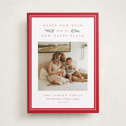 This is a poinsettia holiday photo cards with standard by Amy Kross called new happy place printing on recycled smooth signature in standard