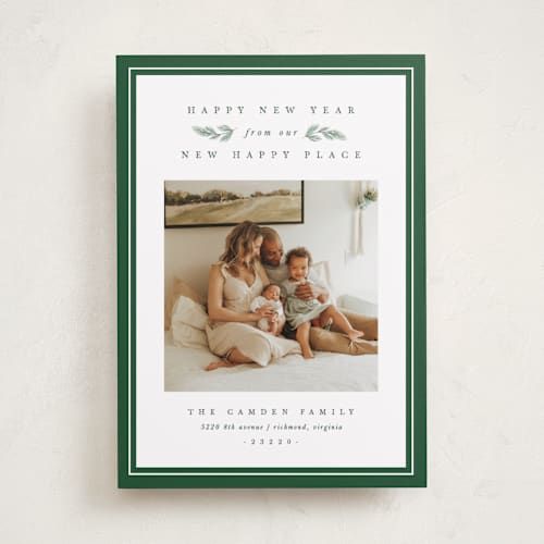 This is a pine holiday photo cards with standard by Amy Kross called new happy place printing on recycled smooth signature in standard