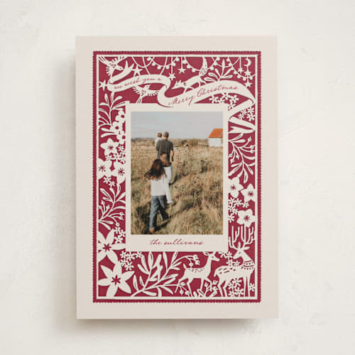 This is a berry holiday photo cards with standard by Leia Matt called woodland papercut printing on recycled smooth signature in standard