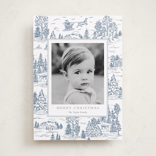 This is a periwinkle holiday photo cards with standard by Jennifer Lew called christmas toile printing on recycled smooth signature in standard