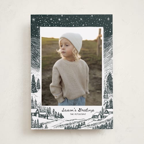 This is a midnight holiday photo cards with standard by Jenna Holcomb called snowy night printing on recycled smooth signature in standard