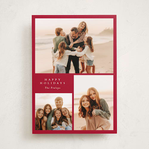 This is a poinsettia holiday photo cards with standard by Angela Thompson called happy trio printing on recycled smooth signature in standard