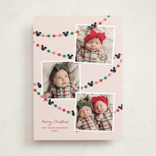 This is a frosting holiday photo cards with standard by Annie Holmquist called disney's mickey mouse garland printing on recycled smooth signature in standard