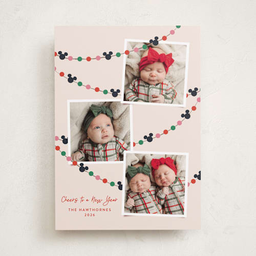 This is a frosting holiday photo cards with standard by Annie Holmquist called disney's mickey mouse garland printing on recycled smooth signature in standard