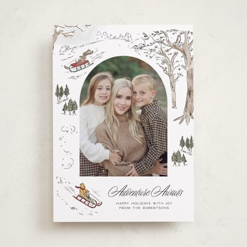 This is a snow holiday photo cards with standard by Jenna Holcomb called disney's winnie the pooh winter adventures printing on recycled smooth signature in standard