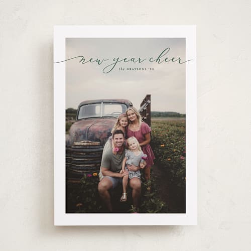 This is a juniper holiday photo cards with standard by Erica Krystek called happy script printing on recycled smooth signature in standard