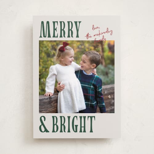 This is a pine needle holiday photo cards with standard by Kelly Watkins called merry modern printing on recycled smooth signature in standard