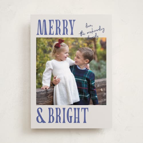 This is a blue spruce holiday photo cards with standard by Kelly Watkins called merry modern printing on recycled smooth signature in standard