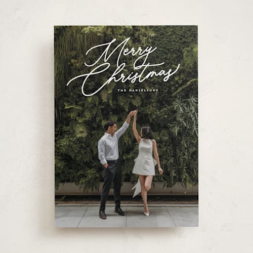 This is a snowfall holiday photo cards with standard by Melanie Kosuge called merry monoline printing on recycled smooth signature in standard