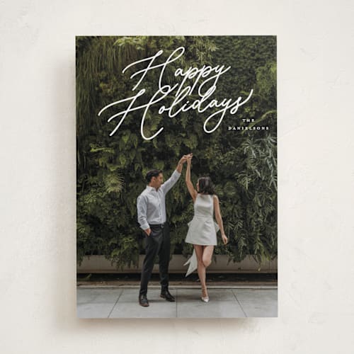 This is a snowfall holiday photo cards with standard by Melanie Kosuge called merry monoline printing on recycled smooth signature in standard