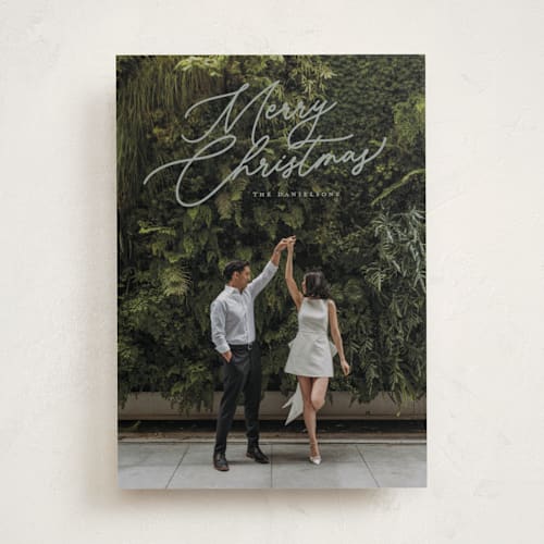 This is a sage holiday photo cards with standard by Melanie Kosuge called merry monoline printing on recycled smooth signature in standard