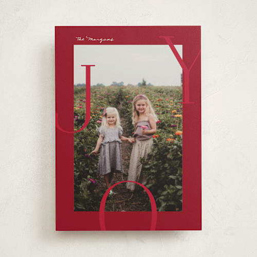 This is a poinsettia holiday photo cards with standard by Brianne Larsen called joy border printing on recycled smooth signature in standard