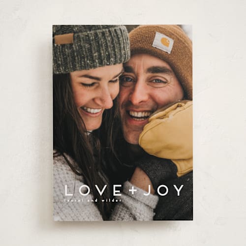 This is a snow holiday photo cards with standard by Kate Ross called love joy printing on recycled smooth signature in standard