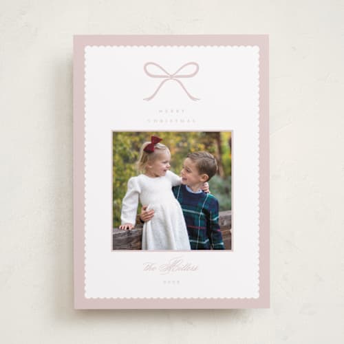 This is a winter rose holiday photo cards with standard by Emily Betts called scallop bow printing on recycled smooth signature in standard
