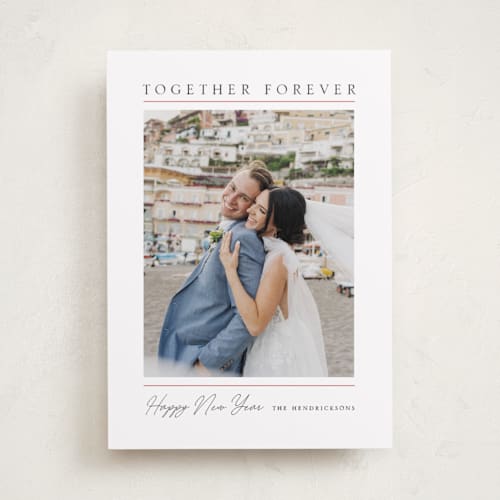 This is a cranberry holiday photo cards with standard by Chris Griffith called together forever printing on recycled smooth signature in standard