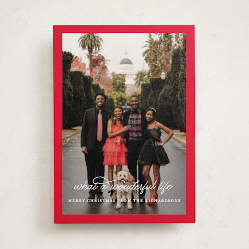 This is a peppermint holiday photo cards with standard by Leah Ragain called what a wonderful life printing on recycled smooth signature in standard