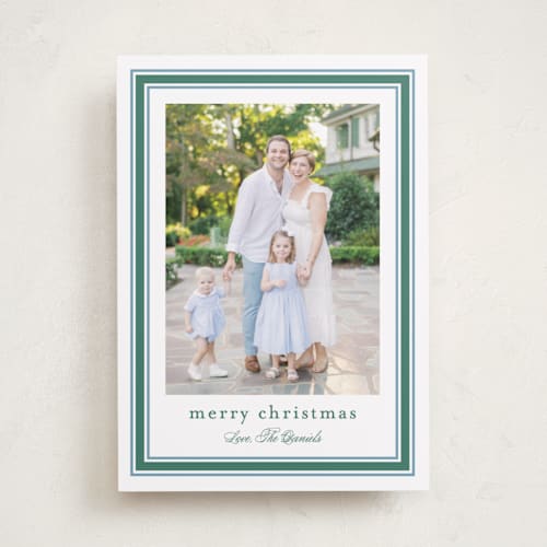 This is a spearmint holiday photo cards with standard by Carolyn MacLaren called preppy ribbon printing on recycled smooth signature in standard