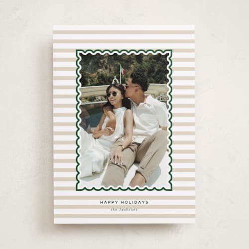 This is a gingerbread holiday photo cards with standard by Danie Romrell called tagged stripes printing on recycled smooth signature in standard