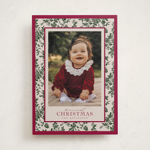 This is a holly berry holiday photo cards with standard by Jenna Holcomb called merry floral toile printing on recycled smooth signature in standard