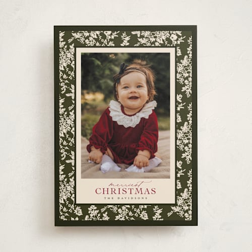 This is a pine holiday photo cards with standard by Jenna Holcomb called merry floral toile printing on recycled smooth signature in standard
