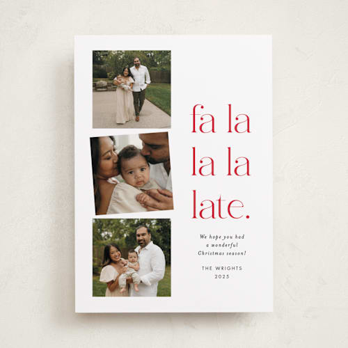 This is a crimson holiday photo cards with standard by Amy Payne called fa la la la late printing on recycled smooth signature in standard