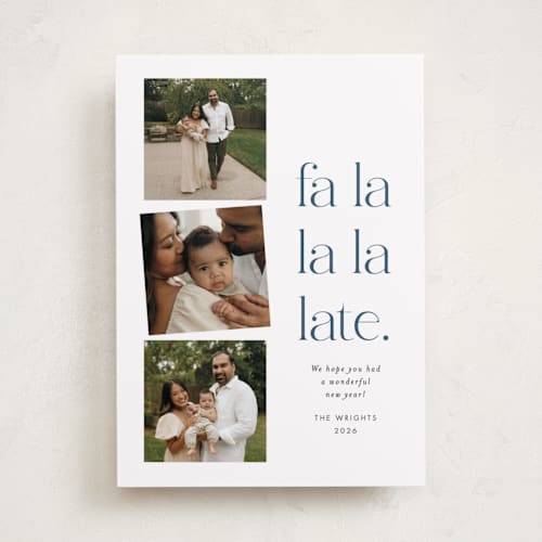 This is a navy holiday photo cards with standard by Amy Payne called fa la la la late printing on recycled smooth signature in standard