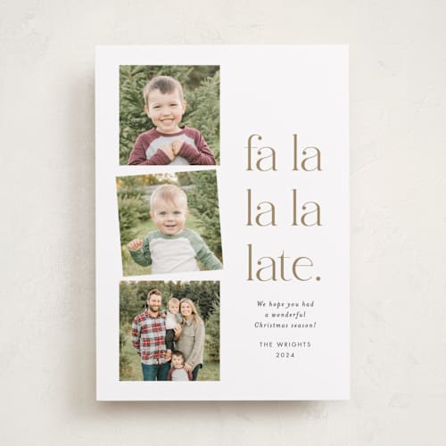 This is a golden holiday photo cards with standard by Amy Payne called fa la la la late printing on recycled smooth signature in standard