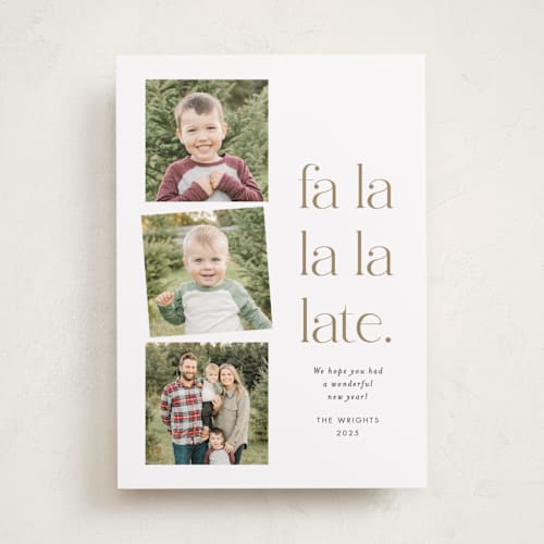 This is a golden holiday photo cards with standard by Amy Payne called fa la la la late printing on recycled smooth signature in standard