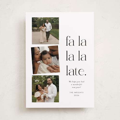 This is a charcoal holiday photo cards with standard by Amy Payne called fa la la la late printing on recycled smooth signature in standard