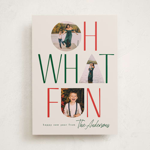 This is a eggnog holiday photo cards with standard by Karidy Walker called oh what fun shapes printing on recycled smooth signature in standard