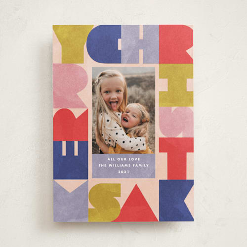 This is a cranberry holiday photo cards with standard by Jennifer Lew called cheerful blocks printing on recycled smooth signature in standard
