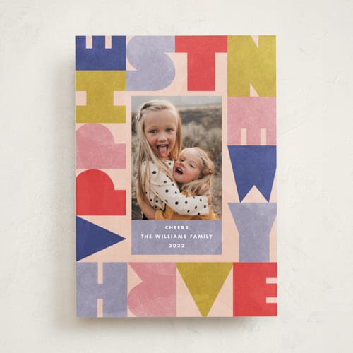 This is a cranberry holiday photo cards with standard by Jennifer Lew called cheerful blocks printing on recycled smooth signature in standard