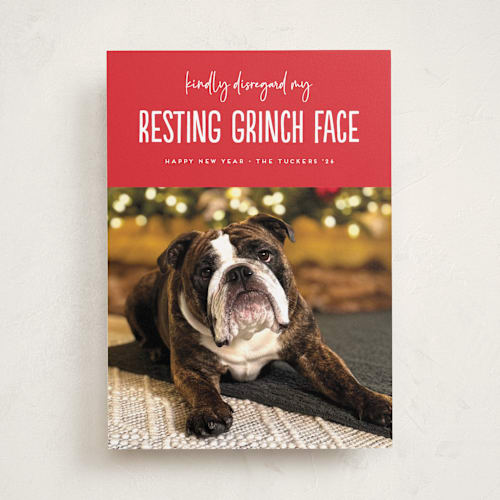 This is a poinsettia holiday photo cards with standard by Erica Krystek called grinch face printing on recycled smooth signature in standard