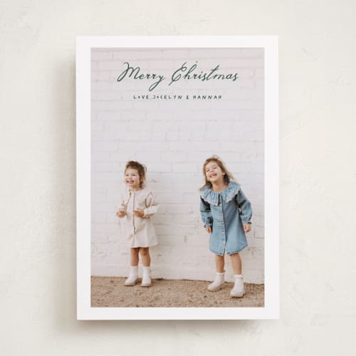 This is a elf shoes holiday photo cards with standard by Benita Crandall called vintage joy printing on recycled smooth signature in standard