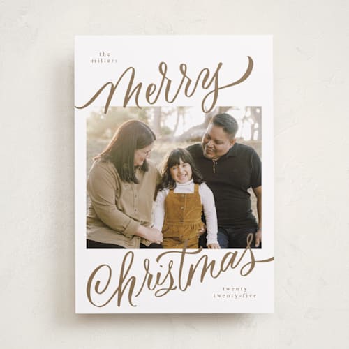This is a golden holiday photo cards with standard by Elsa Duncan called merry christmas printing on recycled smooth signature in standard