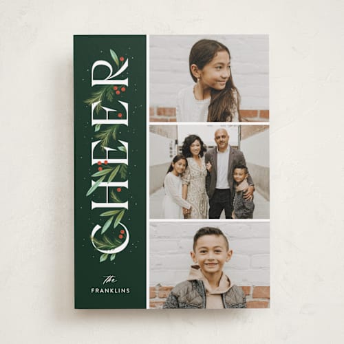 This is a pine holiday photo cards with standard by Paper Raven Co. called merry little trio printing on recycled smooth signature in standard