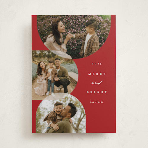 This is a berry holiday photo cards with standard by Brianne Larsen called round overlap printing on recycled smooth signature in standard