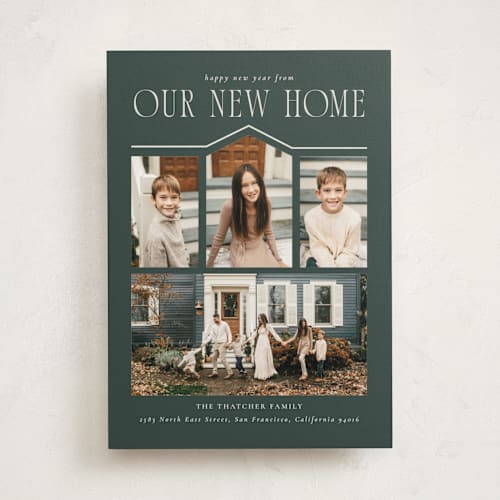 This is a evergreen holiday photo cards with standard by Angela Garrick called we moved printing on recycled smooth signature in standard