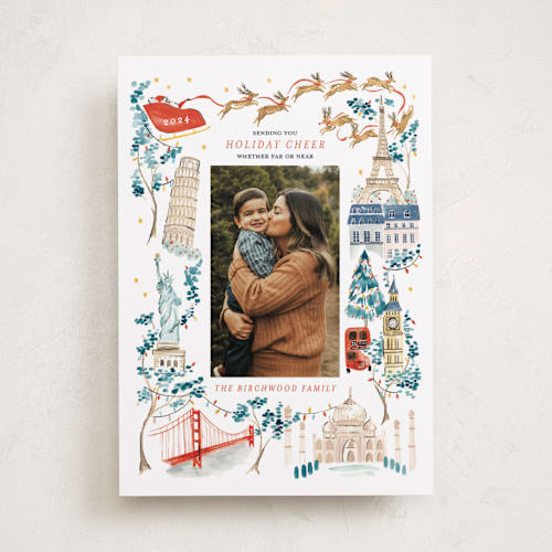 This is a eucalyptus holiday photo cards with standard by Sarah Knight called rockin' around the world printing on recycled smooth signature in standard