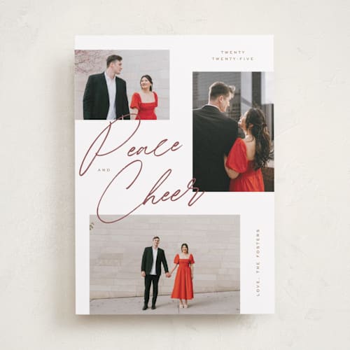 This is a burgundy holiday photo cards with standard by Michelle Taylor called scattered trio printing on recycled smooth signature in standard