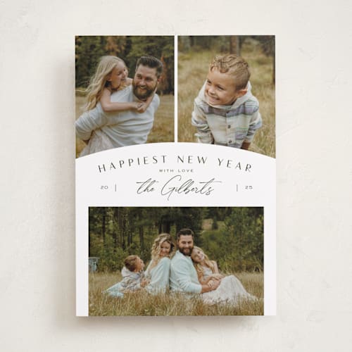 This is a pine holiday photo cards with standard by Michelle Taylor called modern trio printing on recycled smooth signature in standard