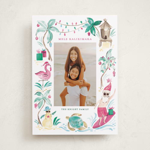 This is a guava holiday photo cards with standard by Sarah Knight called merry luau printing on recycled smooth signature in standard