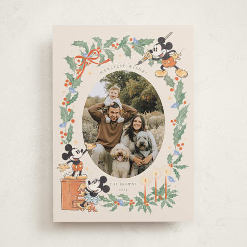 This is a vanilla holiday photo cards with standard by Sabrin Deirani called mickey merriest wishes printing on recycled smooth signature in standard
