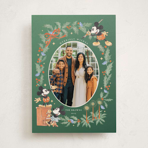 This is a balsam fir holiday photo cards with standard by Sabrin Deirani called mickey merriest wishes printing on recycled smooth signature in standard