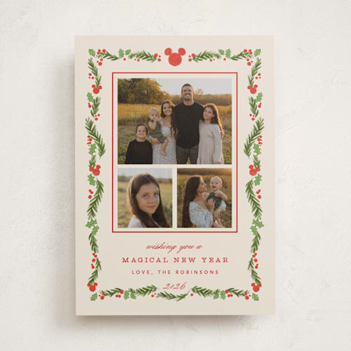 This is a stocking holiday photo cards with standard by Creo Study called disney’s mickey vintage holiday greens printing on recycled smooth signature in standard