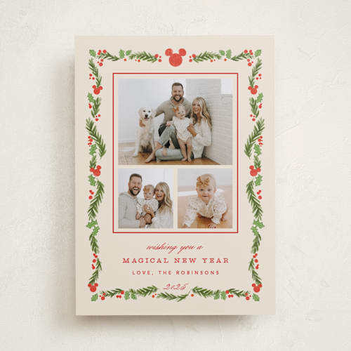 This is a stocking holiday photo cards with standard by Creo Study called disney’s mickey vintage holiday greens printing on recycled smooth signature in standard